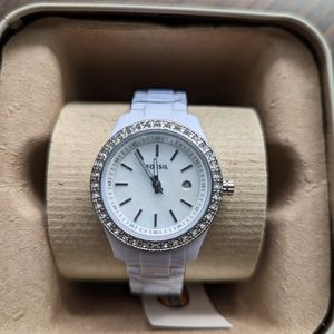 NWT Fossil Riley White Crystal Resin Pearl face Watch e2437 women